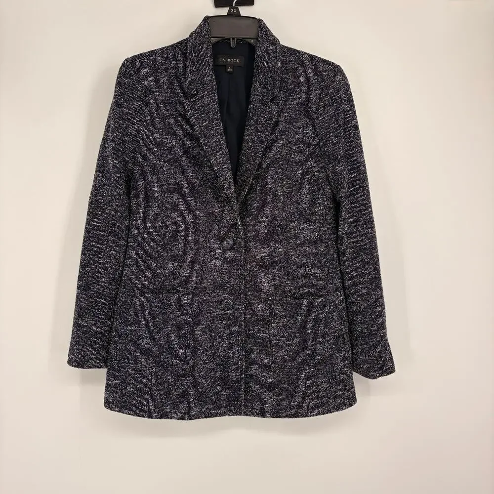 Talbots Navy Blue Marled One Button Blazer Business Career Academic Size 6